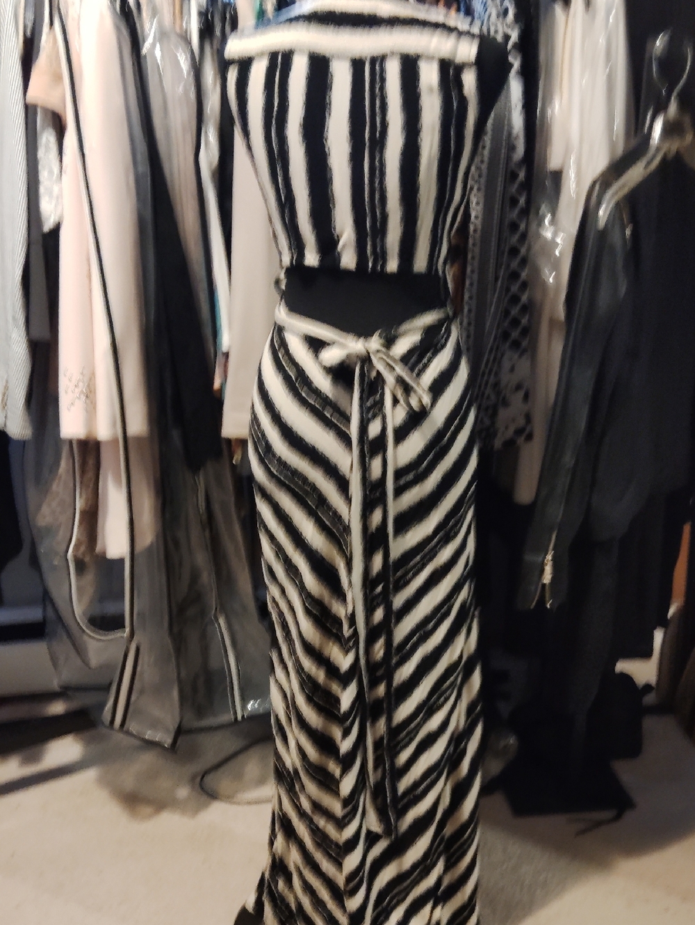 Dance & Marvel Black and White Striped Maxi Open Back Wrap Dress S